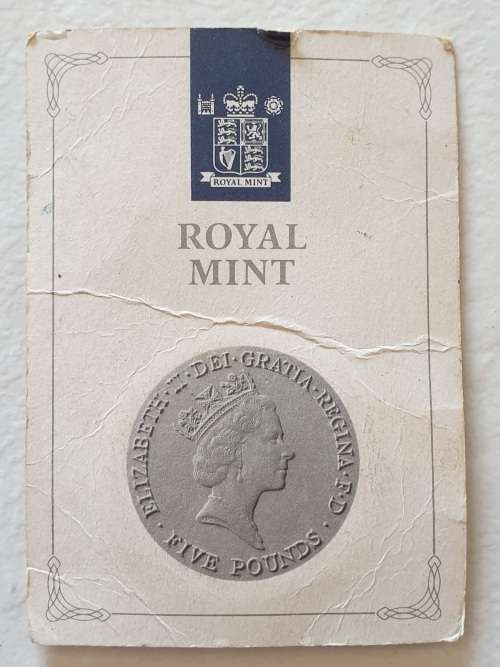 1990 Five Pounds, Commemorating The Queen Mother`s 90th Birthday, UNC on Royal Mint Card